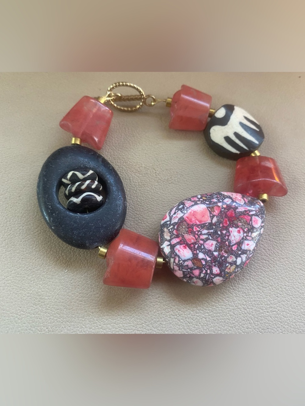 Handcrafted Pink & Black Statement Bead Bracelet